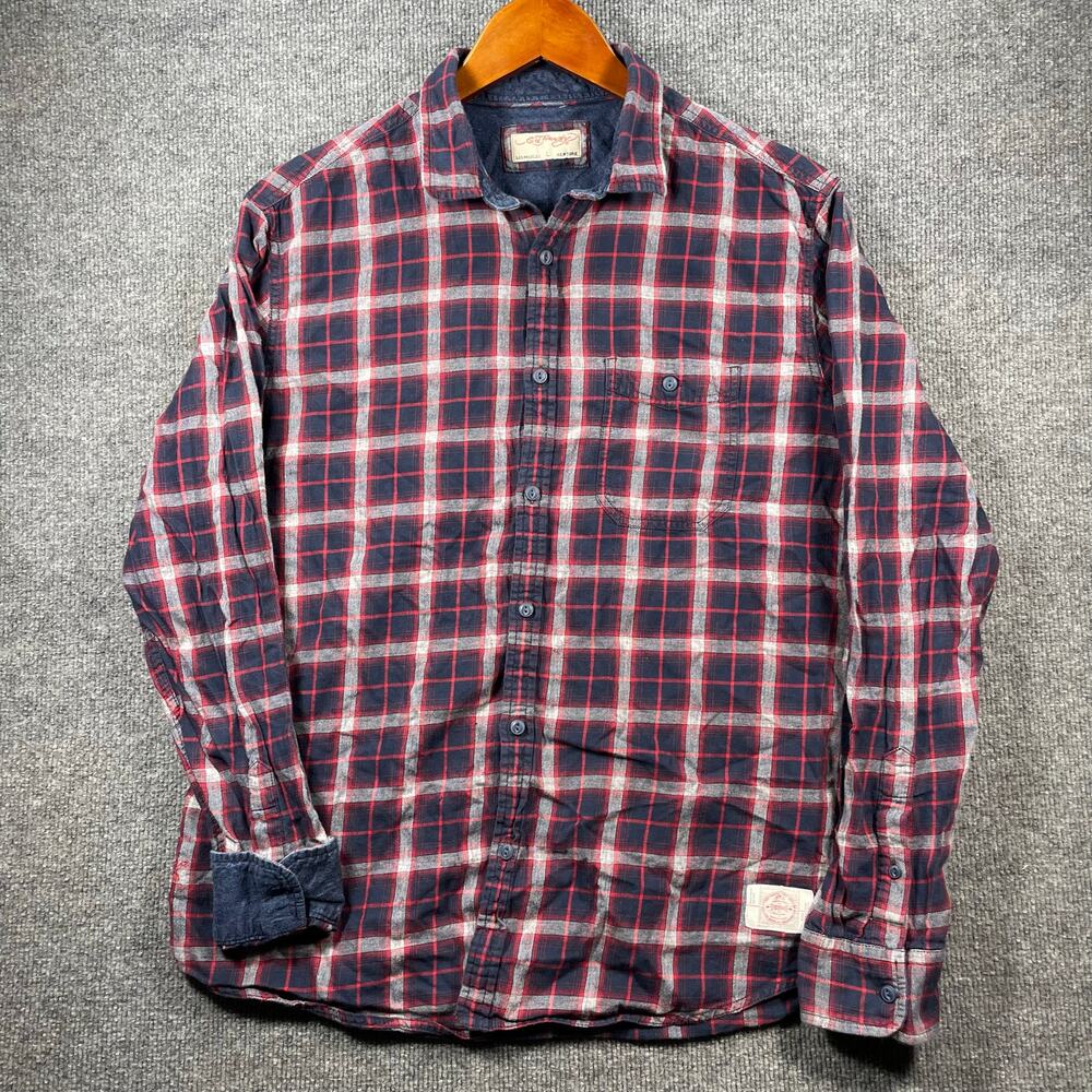 Ed Hardy Casual Button Up Shirt Men's Large Blue/Red Plaid Flip Cuff Outdoors